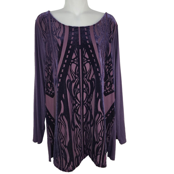 Chico's Tunic Top Size 2 Large Eggplant Purple Viola Velvet Burnout Jersey Knit - Picture 1 of 10